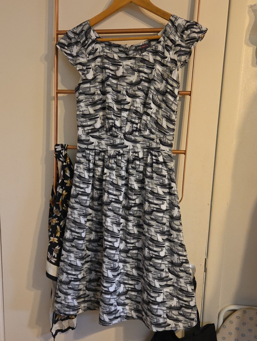 Emily And Fin Black and White Boat Print Fit-and-Flare Dress